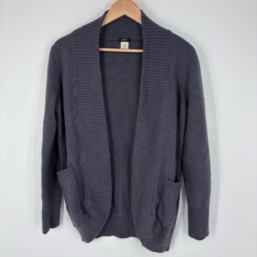 J Crew Wool Cashmere Open Front Cardigan Sweater Women L Gray Patch Pockets Cozy